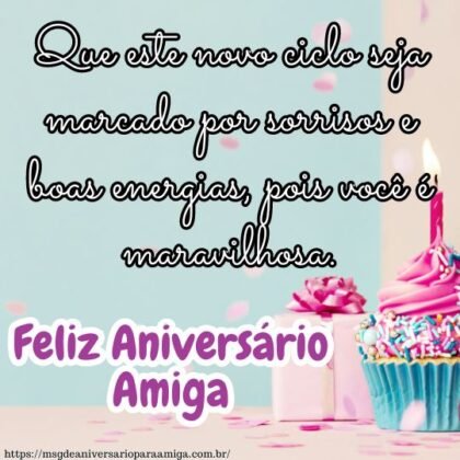Parabéns, minha amiga especial! Que este novo ciclo seja marcado por sorrisos e boas energias, pois você é maravilhosa. Tenha um feliz aniversário! Parabéns, minha amiga especial! Que este novo ciclo seja marcado por sorrisos e boas energias, pois você é maravilhosa. Tenha um feliz aniversário!